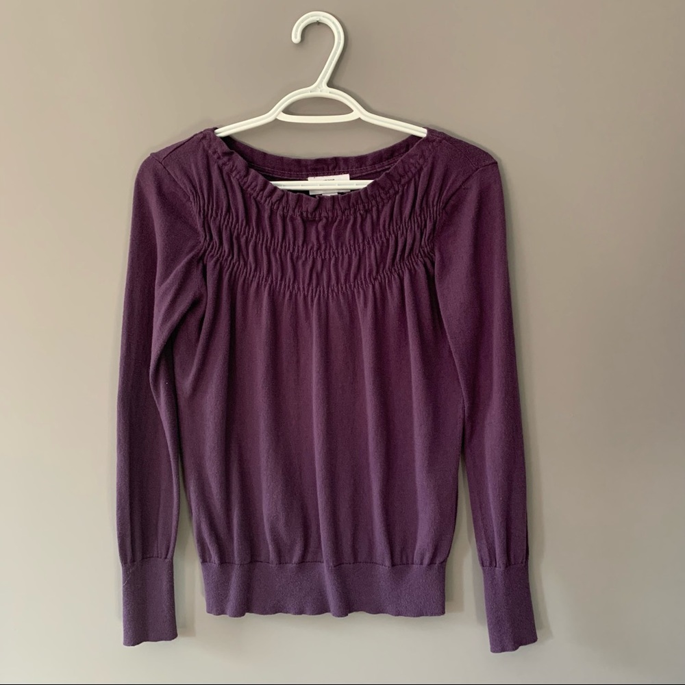 Ann Taylor Loft XS Petite Purple Pleated Crew Neck